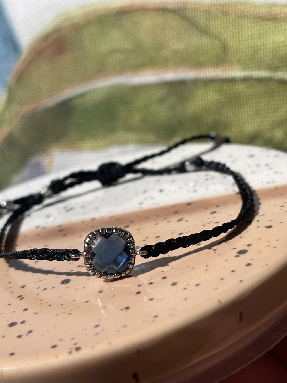 Black Braided Bracelet with Blue Gem Accent
